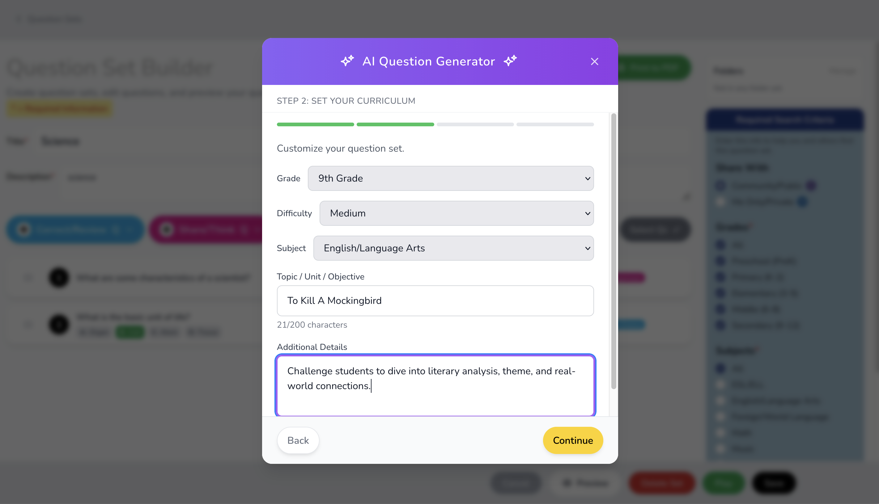 AI Question Generator dialog setting grade, difficulty, subject, and topic