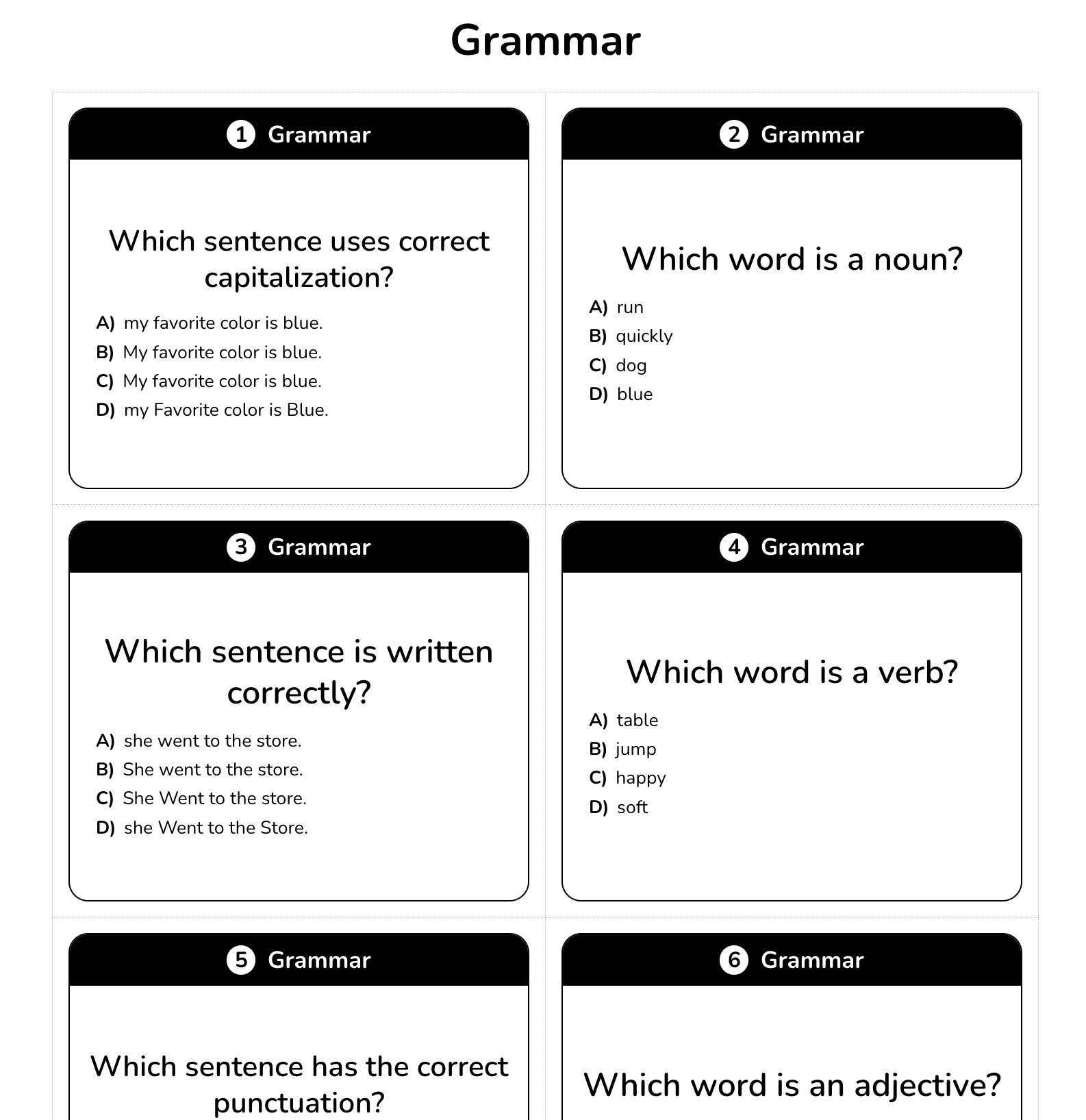Printable Grammar question cards