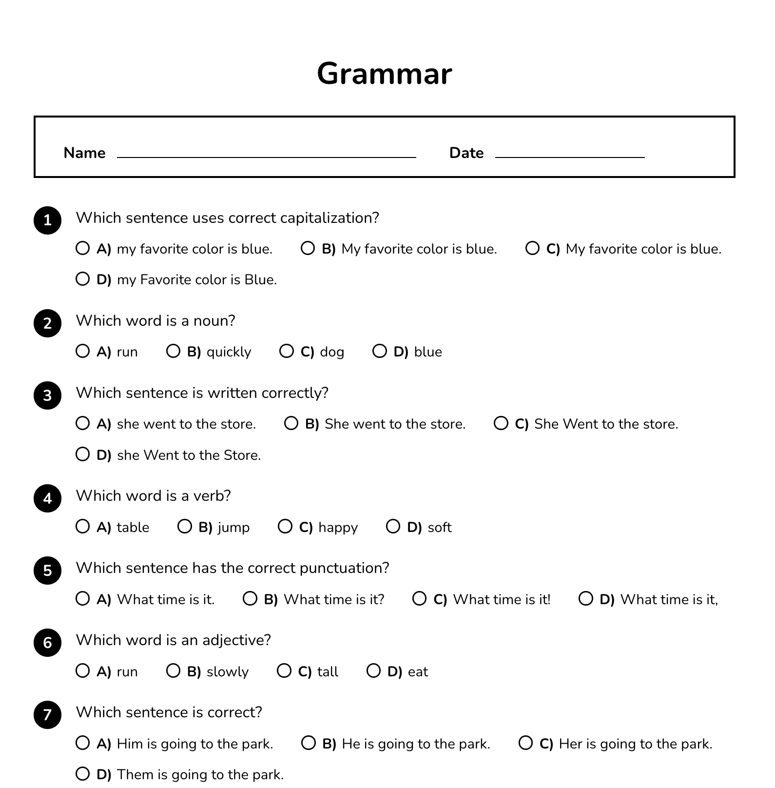 Printable Grammar worksheet with multiple-choice questions
