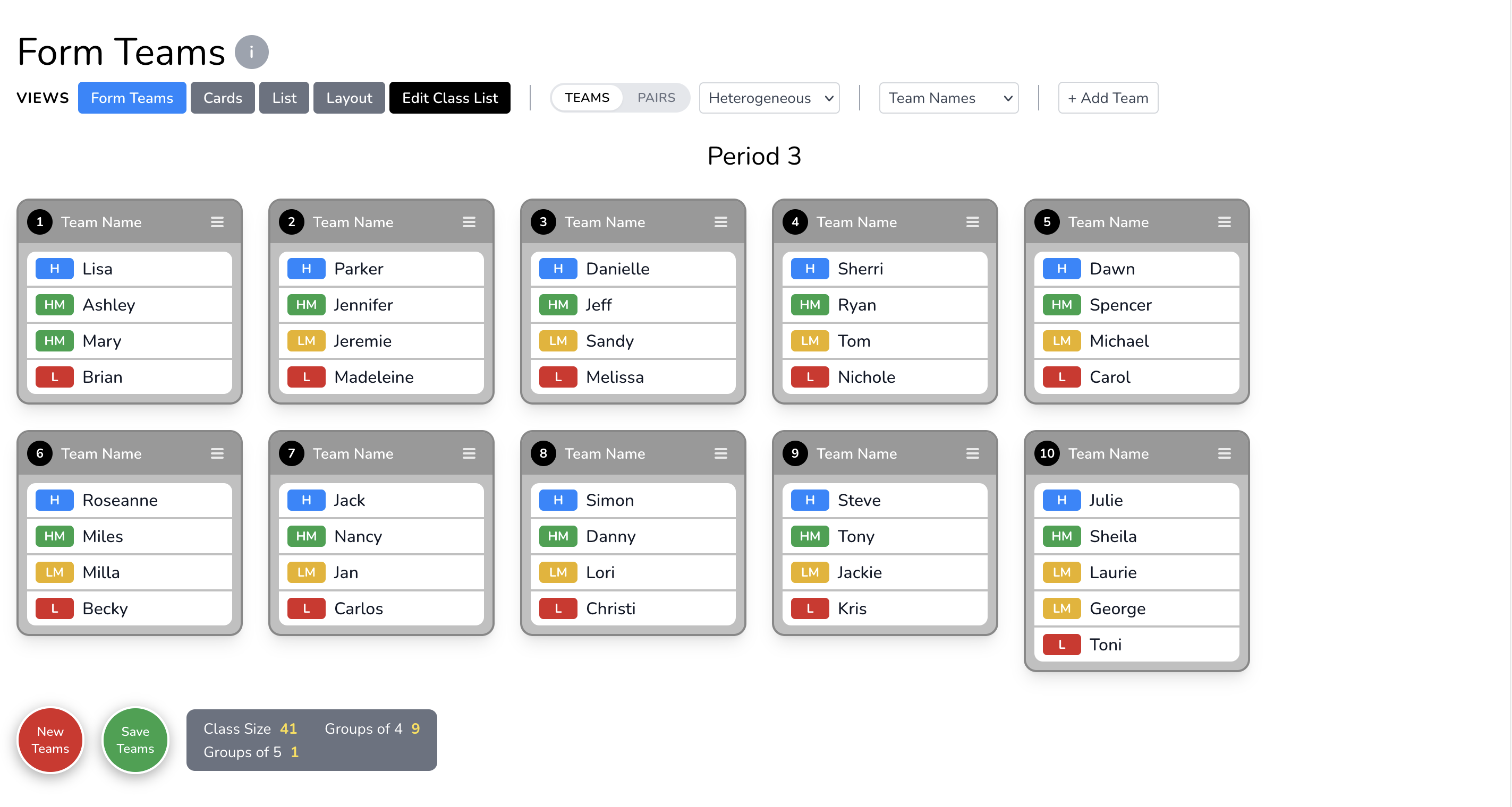 TeamTools Form Teams view showing balanced cooperative learning teams